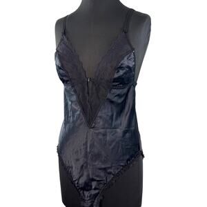 VINTAGE Lily Of France Black Teddy Bodysuit Lace Floral Satin Spaghetti Strap 34